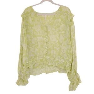 Anthropologie sheer peasant top floral boho prairie long sleeve oversized green